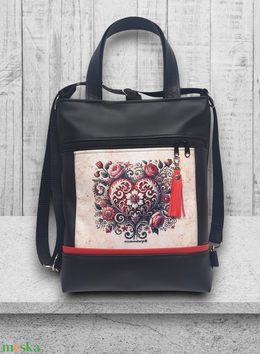 Csupaszív elegancia 4in1 textilbőr hátizsák oldaltáska rövid bőr kézifüllel - táska & tok - variálható táska - Meska.hu