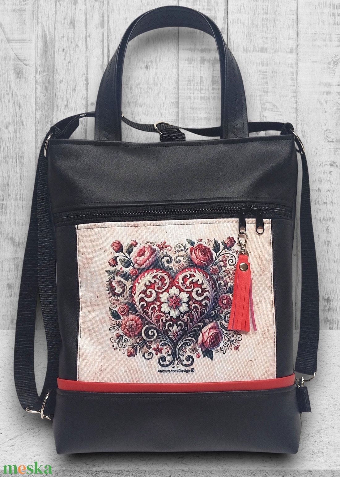 Csupaszív elegancia 4in1 textilbőr hátizsák oldaltáska rövid bőr kézifüllel - táska & tok - variálható táska - Meska.hu