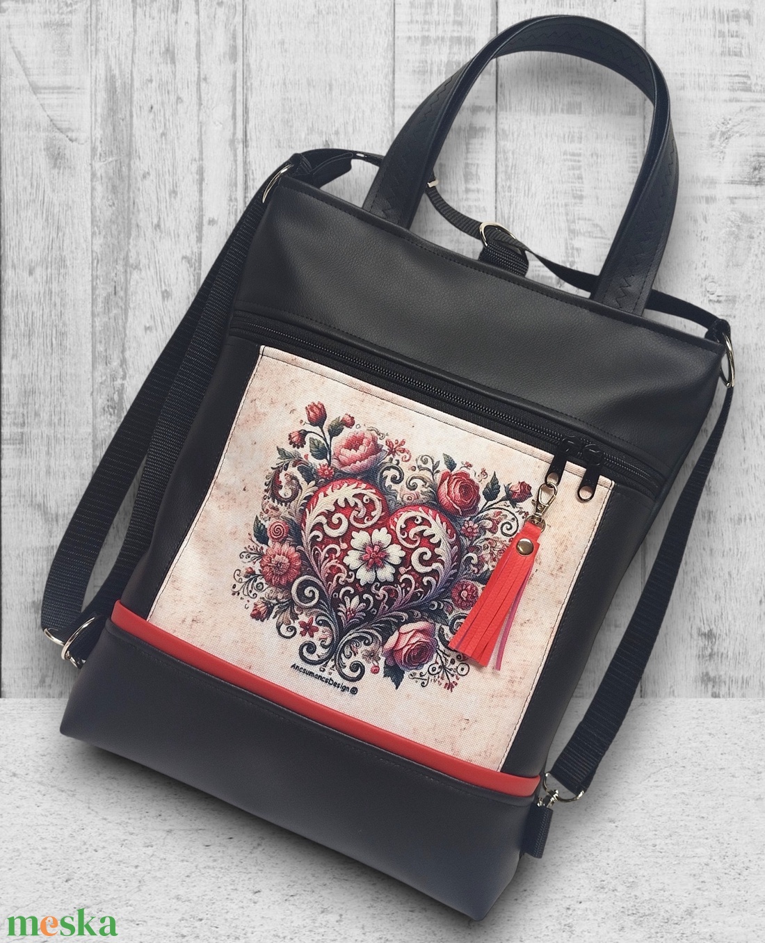 Csupaszív elegancia 4in1 textilbőr hátizsák oldaltáska rövid bőr kézifüllel - táska & tok - variálható táska - Meska.hu