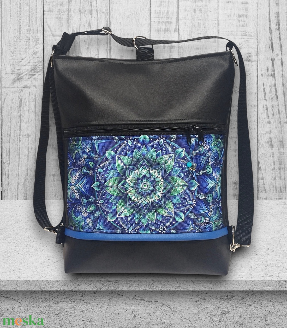 Designer kék mandalás 3in1 textilbőr hátizsák oldaltáska - táska & tok - variálható táska - Meska.hu