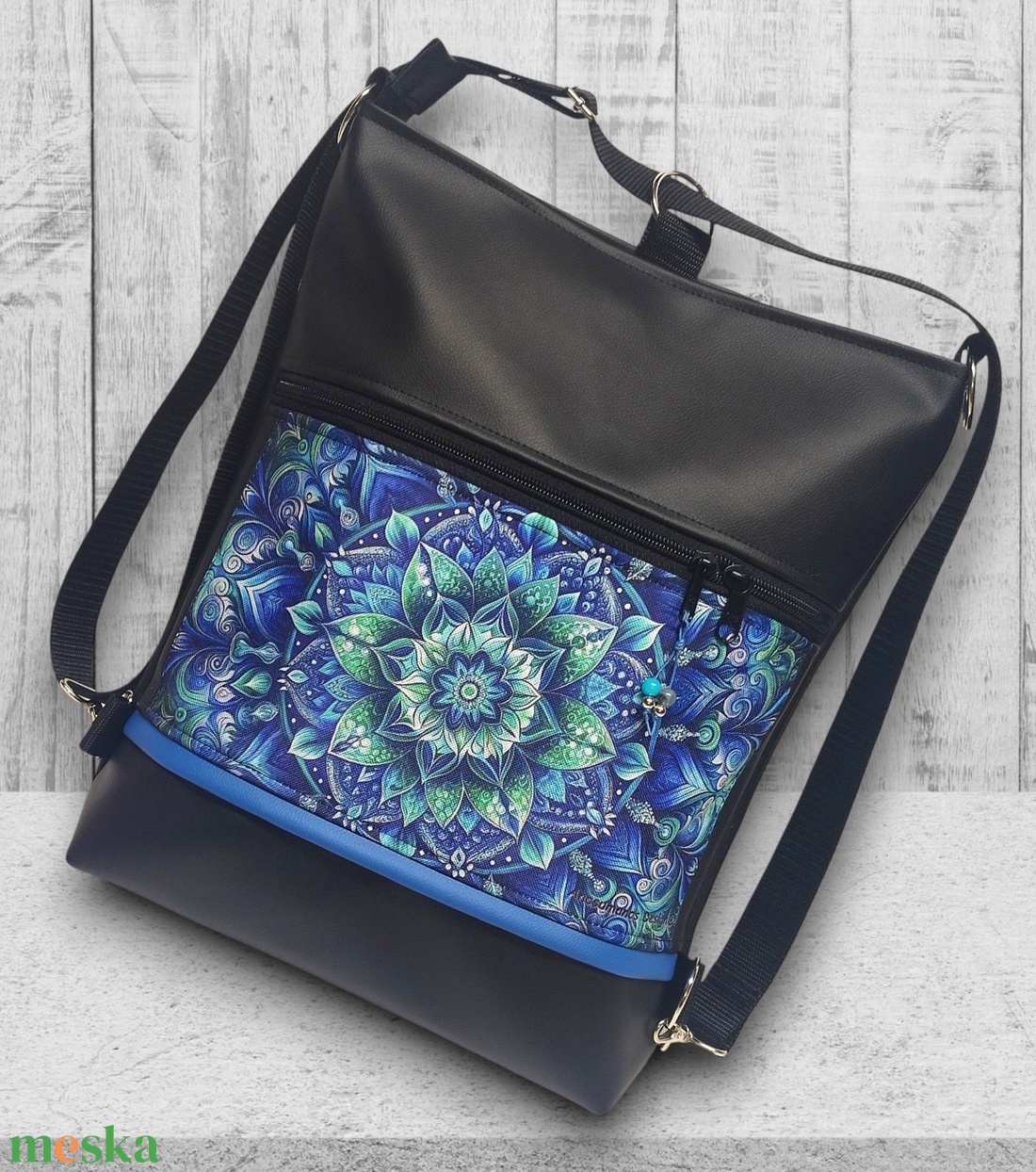 Designer kék mandalás 3in1 textilbőr hátizsák oldaltáska - táska & tok - variálható táska - Meska.hu