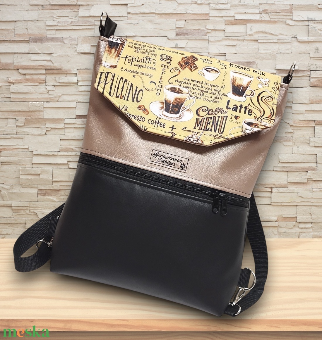 Cafe time fedélrészes 3in1 hátizsák univerzális táska fekete-púder alapon - táska & tok - hátizsák - hátizsák - Meska.hu