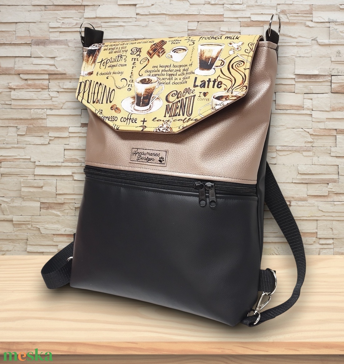 Cafe time fedélrészes 3in1 hátizsák univerzális táska fekete-púder alapon - táska & tok - hátizsák - hátizsák - Meska.hu