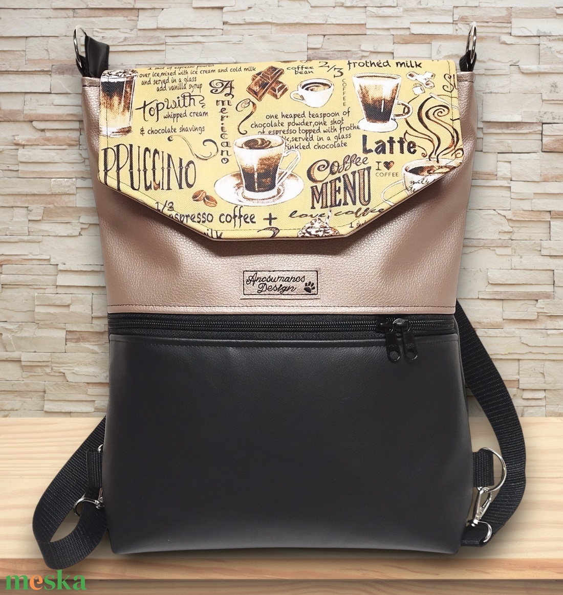 Cafe time fedélrészes 3in1 hátizsák univerzális táska fekete-púder alapon - táska & tok - hátizsák - hátizsák - Meska.hu