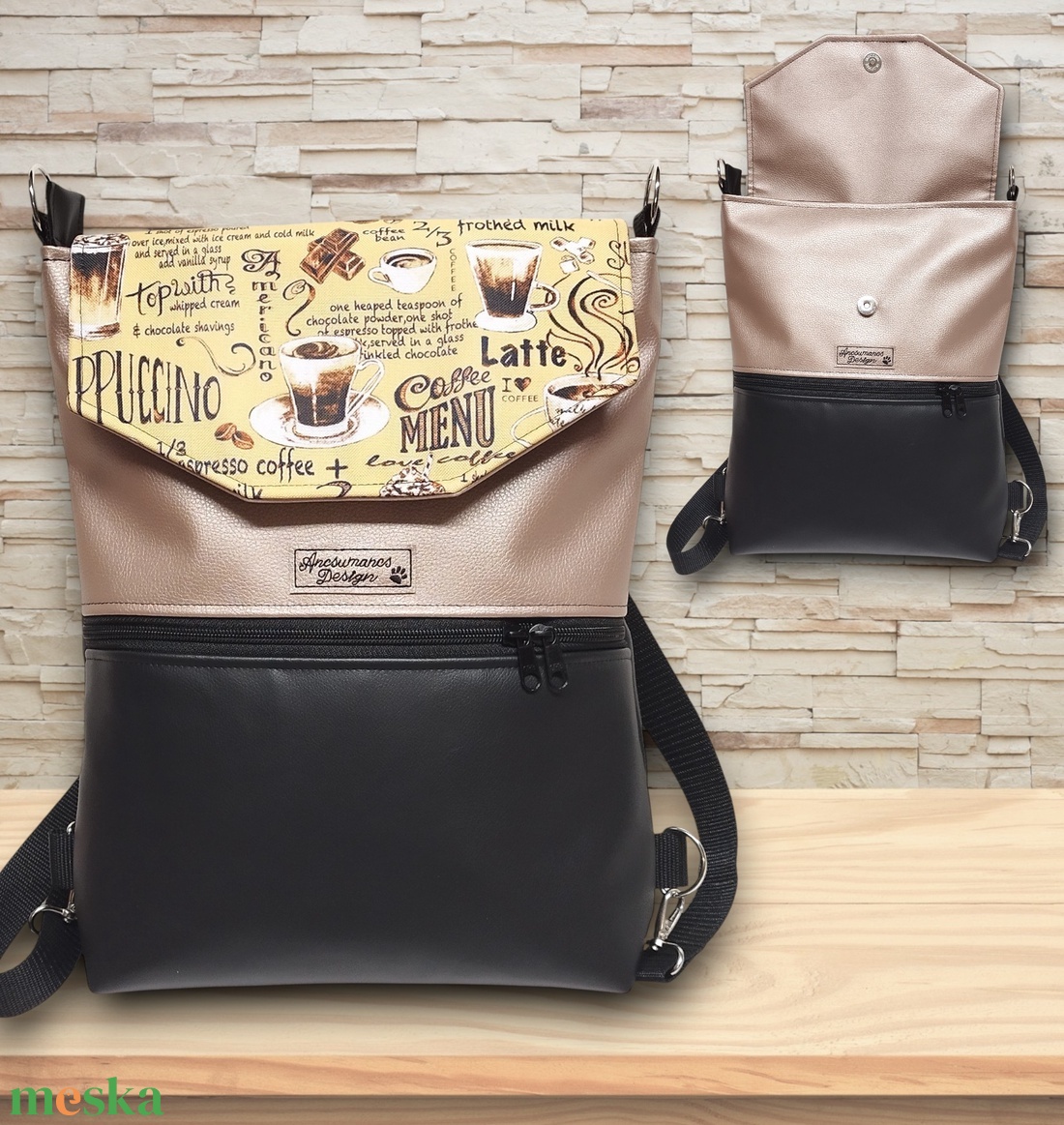 Cafe time fedélrészes 3in1 hátizsák univerzális táska fekete-púder alapon - táska & tok - hátizsák - hátizsák - Meska.hu