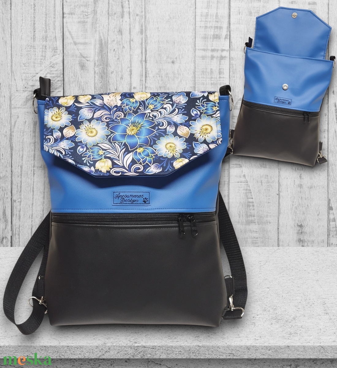 Kék virágos fedélrészes 3in1 hátizsák univerzális táska fekete-kék alapon - táska & tok - hátizsák - hátizsák - Meska.hu