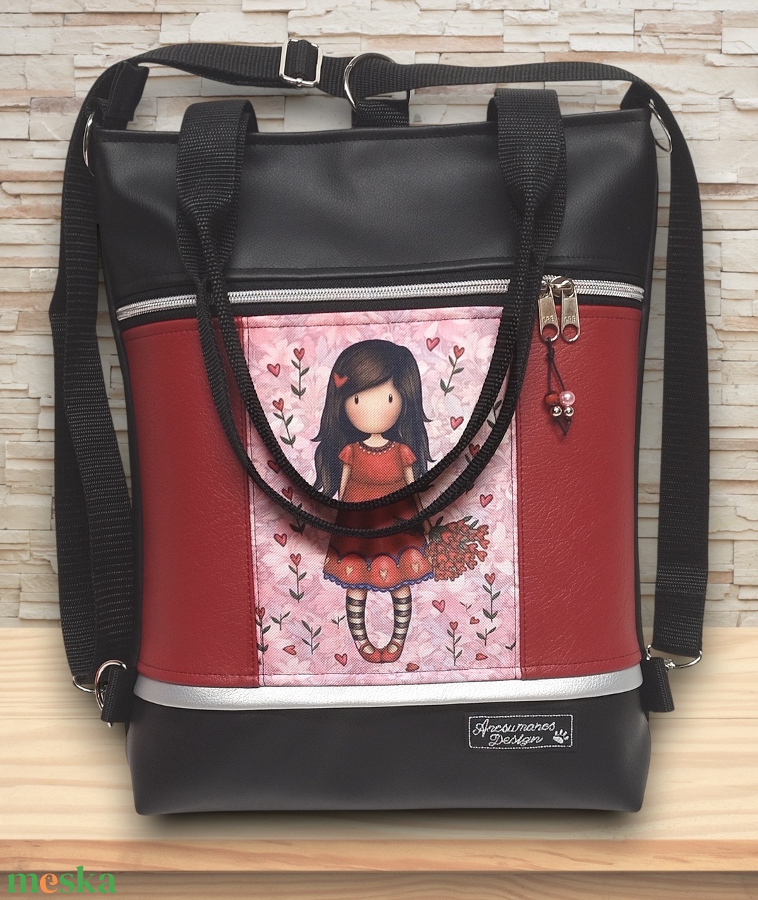 Tulipános kislány 4in1 univerzális hátizsák oldaltáska fekete-bordó - táska & tok - variálható táska - Meska.hu