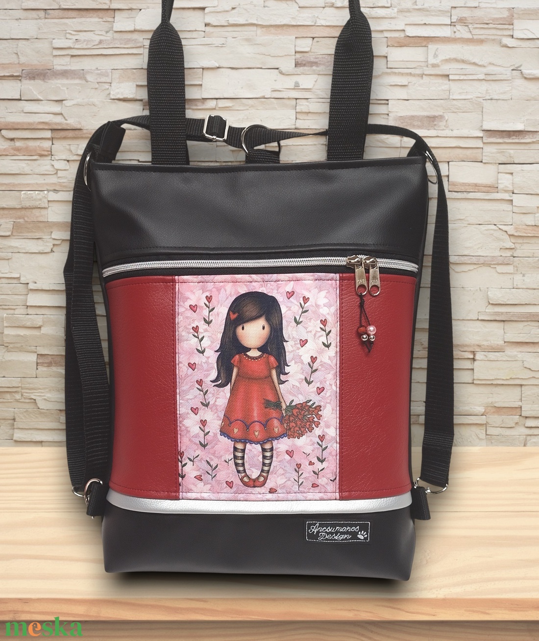 Tulipános kislány 4in1 univerzális hátizsák oldaltáska fekete-bordó - táska & tok - variálható táska - Meska.hu