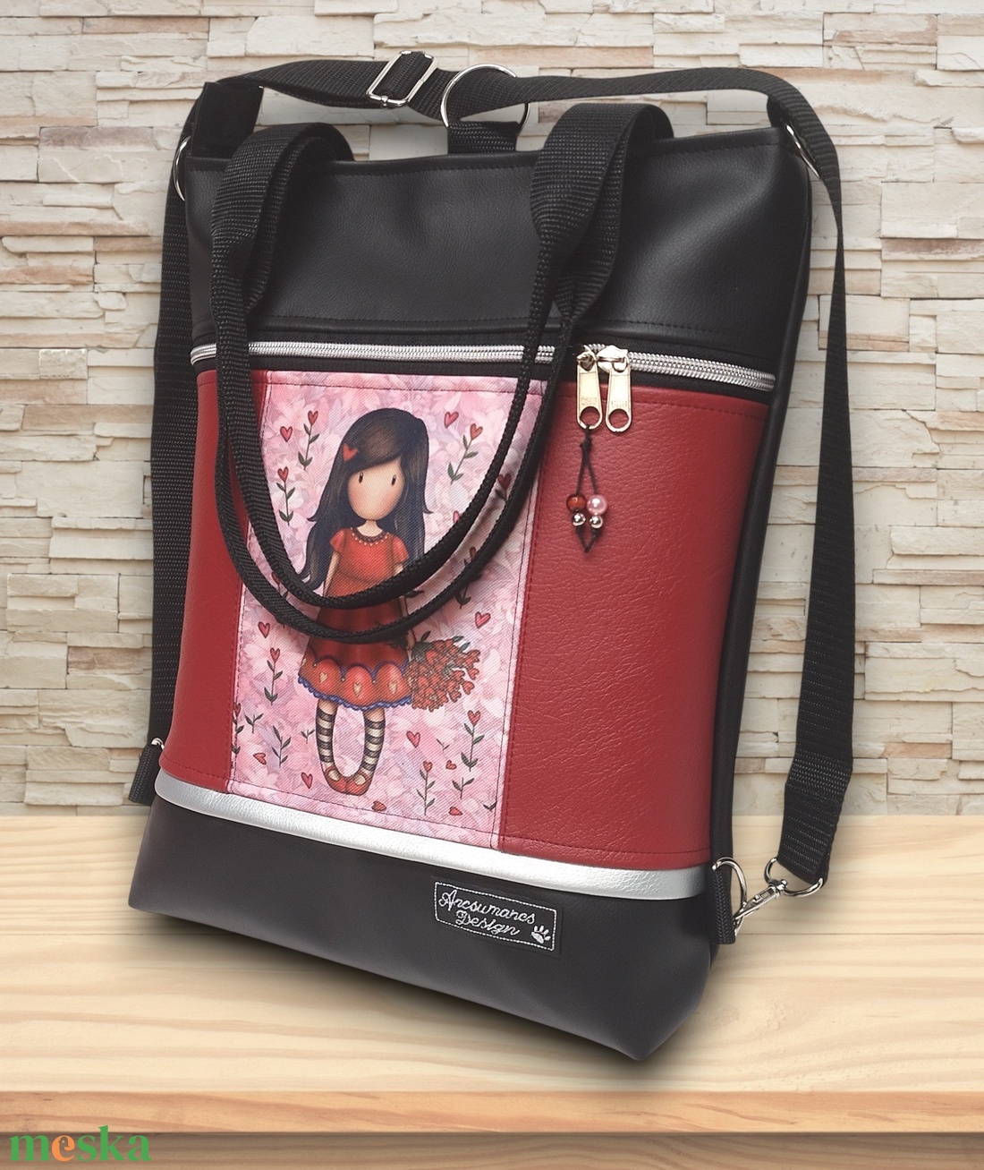 Tulipános kislány 4in1 univerzális hátizsák oldaltáska fekete-bordó - táska & tok - variálható táska - Meska.hu