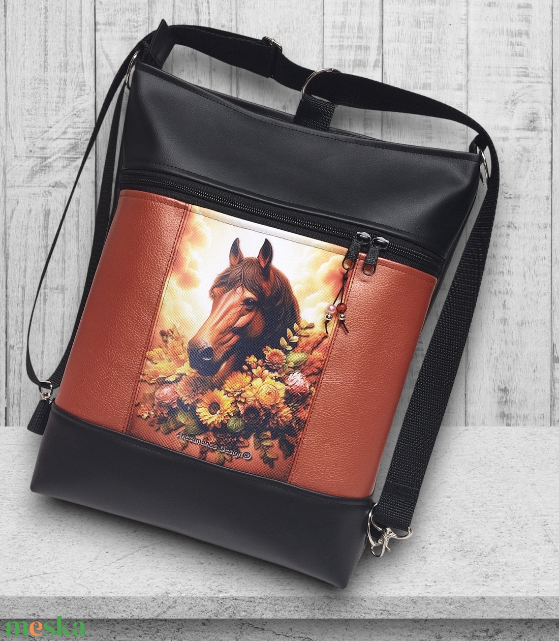 Lovas paneles 3in1 hátizsák univerzális táska Fekete terrakotta - táska & tok - hátizsák - hátizsák - Meska.hu