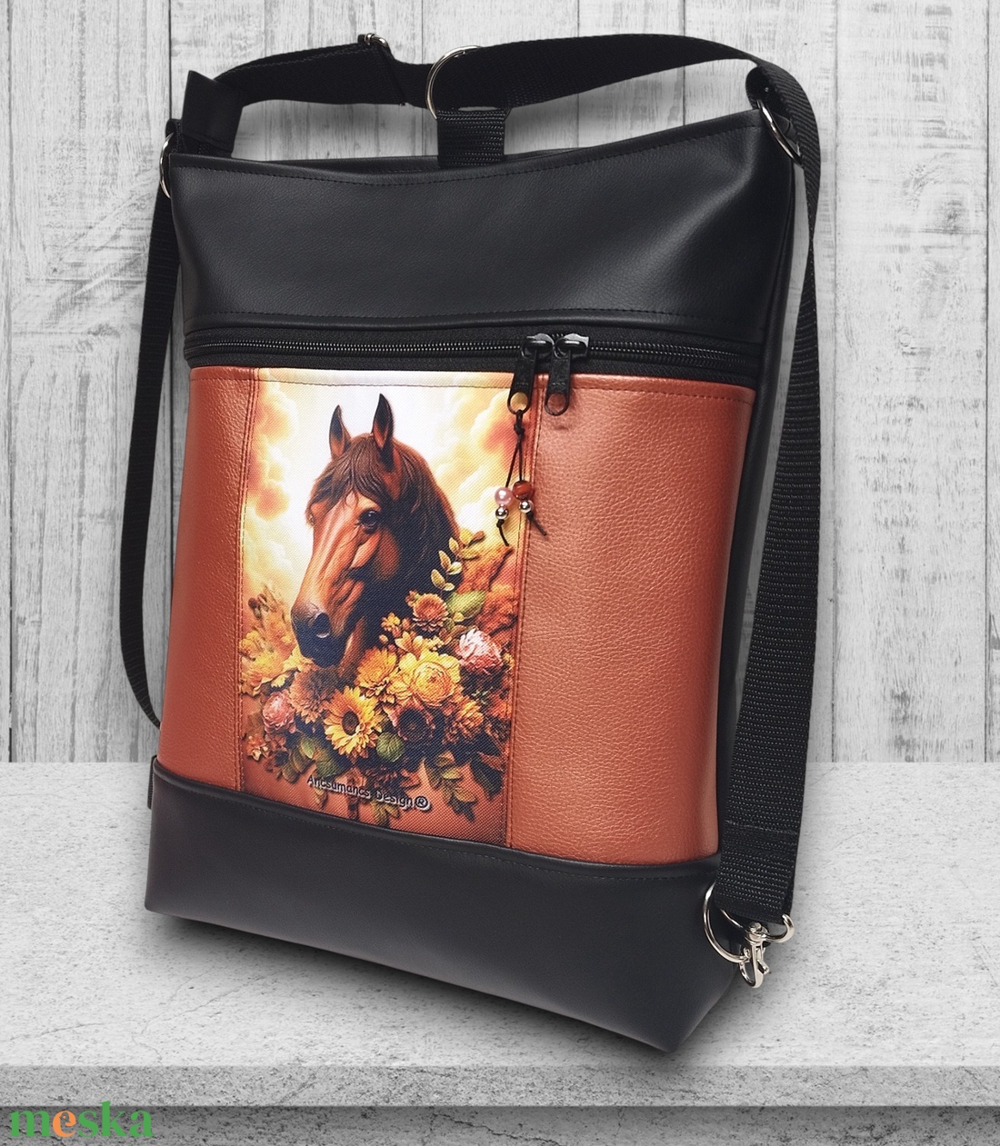 Lovas paneles 3in1 hátizsák univerzális táska Fekete terrakotta - táska & tok - hátizsák - hátizsák - Meska.hu