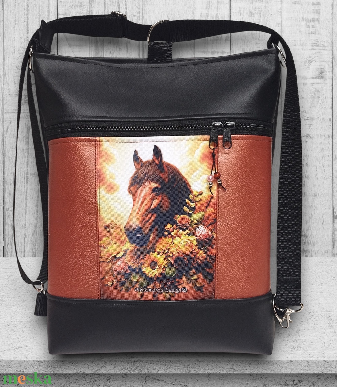 Lovas paneles 3in1 hátizsák univerzális táska Fekete terrakotta - táska & tok - hátizsák - hátizsák - Meska.hu