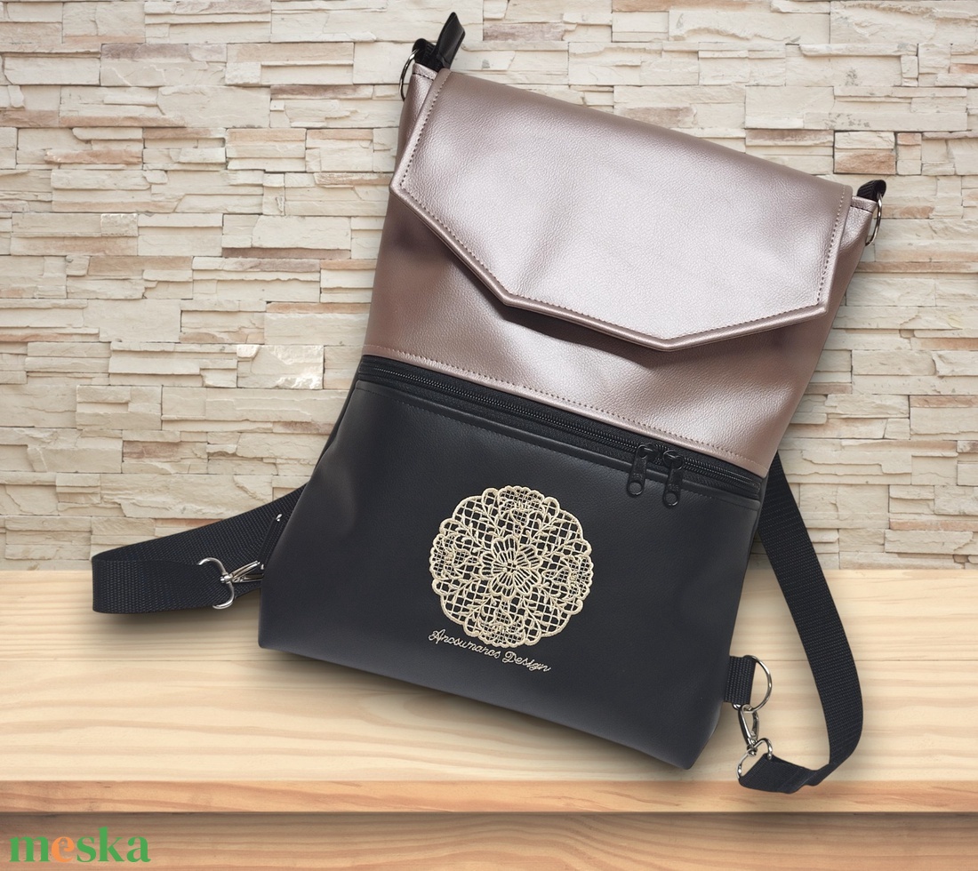 Hímzett csipke mandalás fedélrészes 3in1 hátizsák univerzális táska fekete-púder - táska & tok - hátizsák - hátizsák - Meska.hu