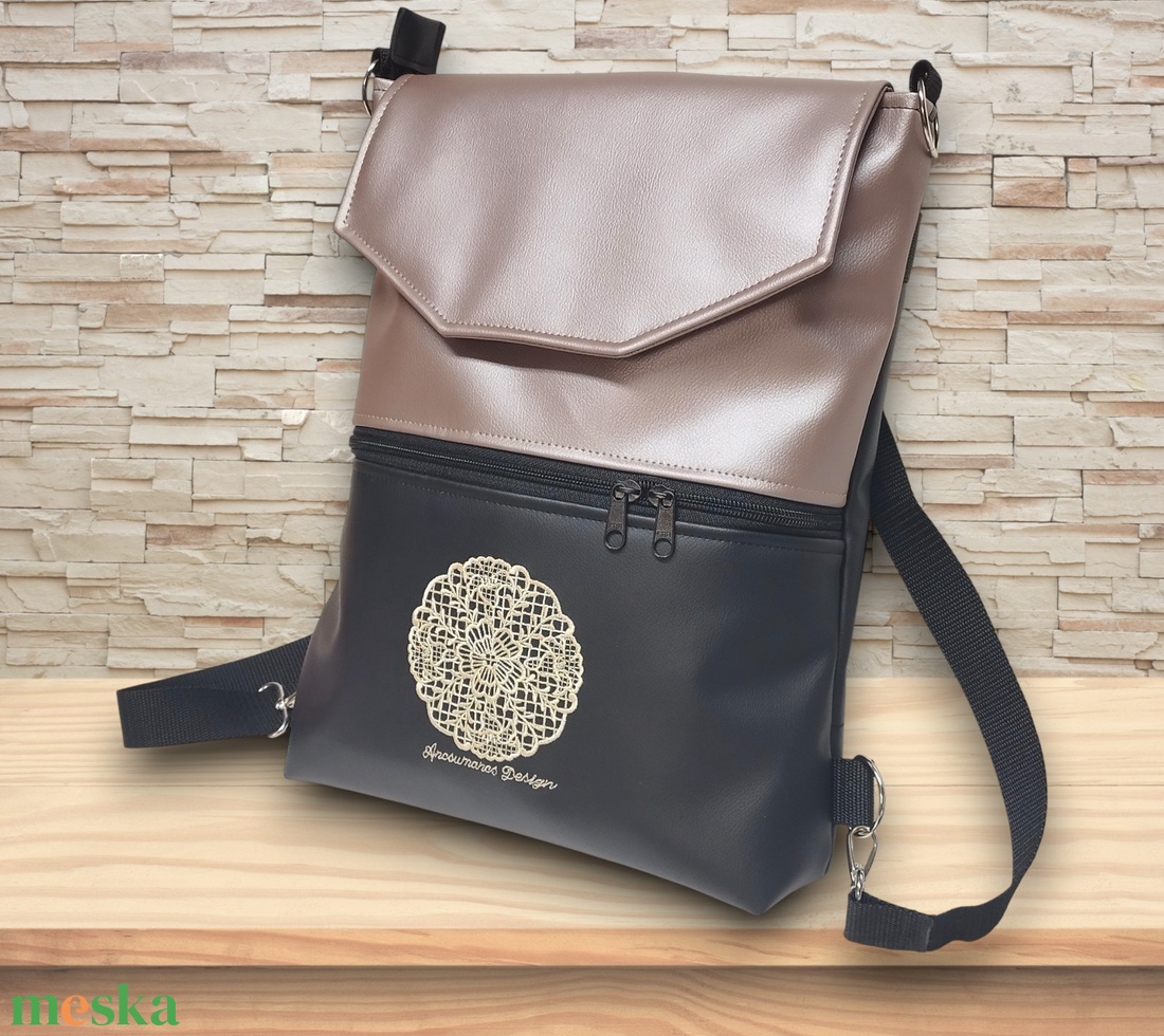 Hímzett csipke mandalás fedélrészes 3in1 hátizsák univerzális táska fekete-púder - táska & tok - hátizsák - hátizsák - Meska.hu