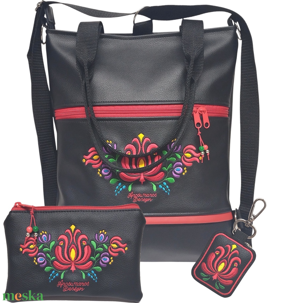 Hímzett 4in1 Matyó virágos szett Hungarian Folkart28 táska+pénztárca+kulcstartó - táska & tok - táska szett - Meska.hu