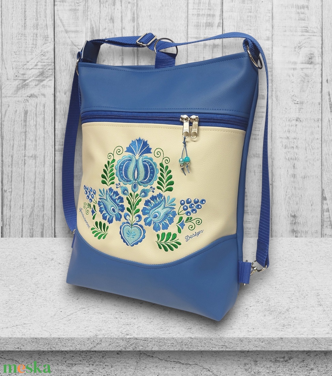 Hímzett 3in1 hátizsák univerzális táska mosolyvonalas kék-világos bézs - Hungarian Extra 002 - táska & tok - variálható táska - Meska.hu