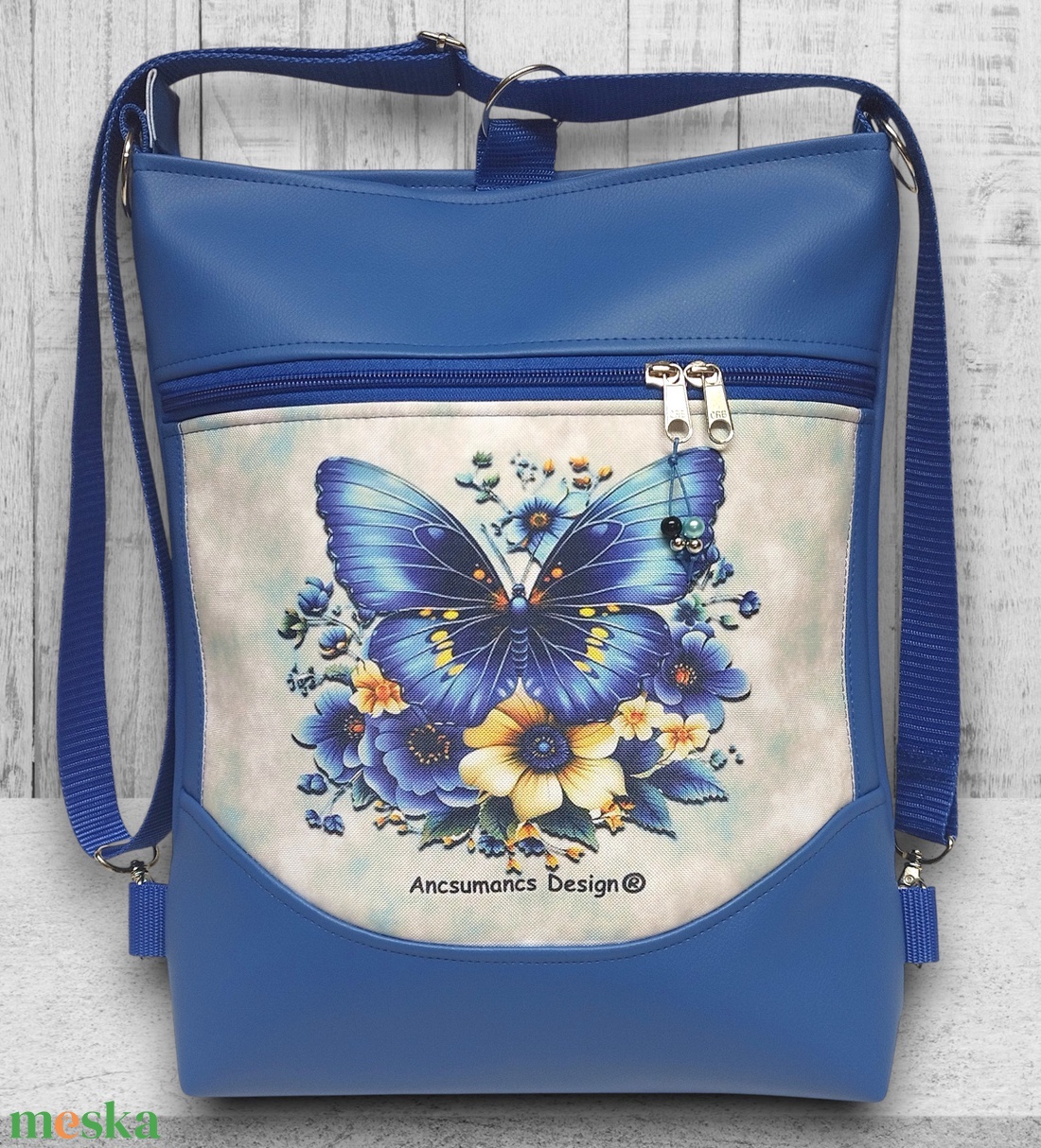 Varázslatos pillangó kék alapon 3in1 mosolyvonalas textilbőr hátizsák oldaltáska - táska & tok - variálható táska - Meska.hu