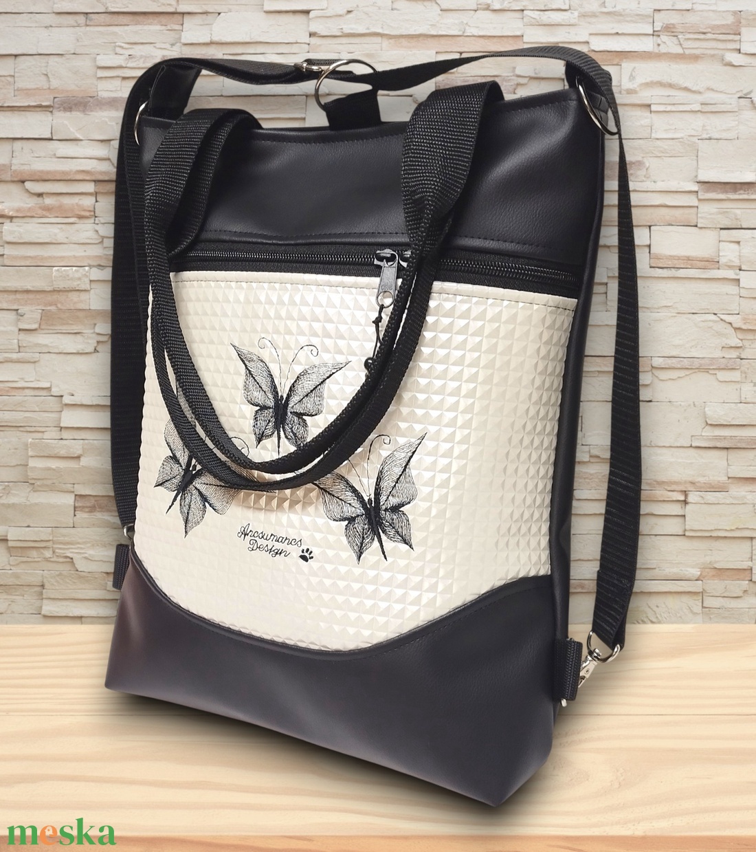 4in1 mosolyvonalas hátizsák univerzális táska hímzett pillangók fekete-piramispezsgő - táska & tok - variálható táska - Meska.hu