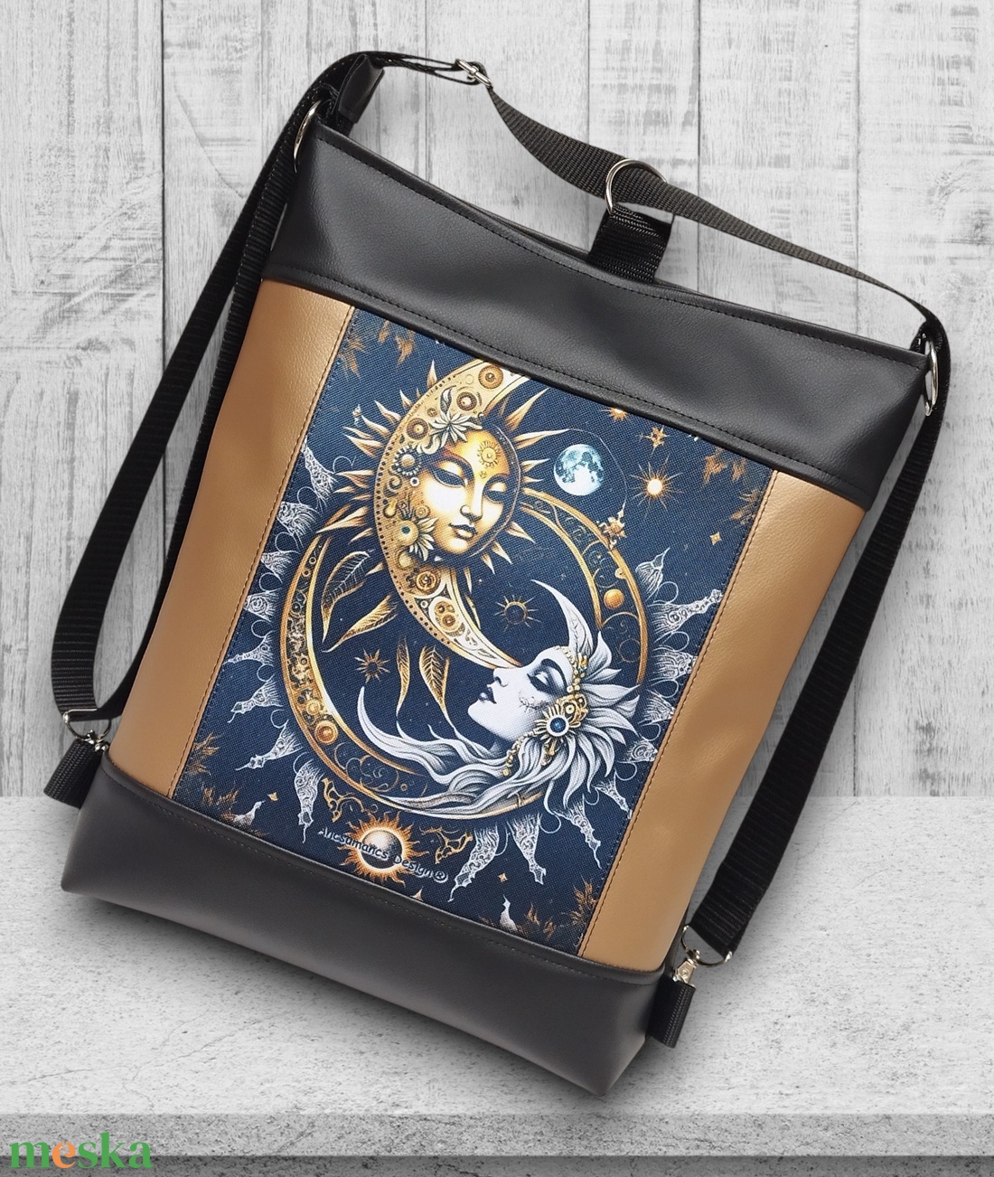 Nap és a Hold hátsó zsebes 3in1 textilbőr hátizsák oldaltáska fekete-óarany - táska & tok - variálható táska - Meska.hu