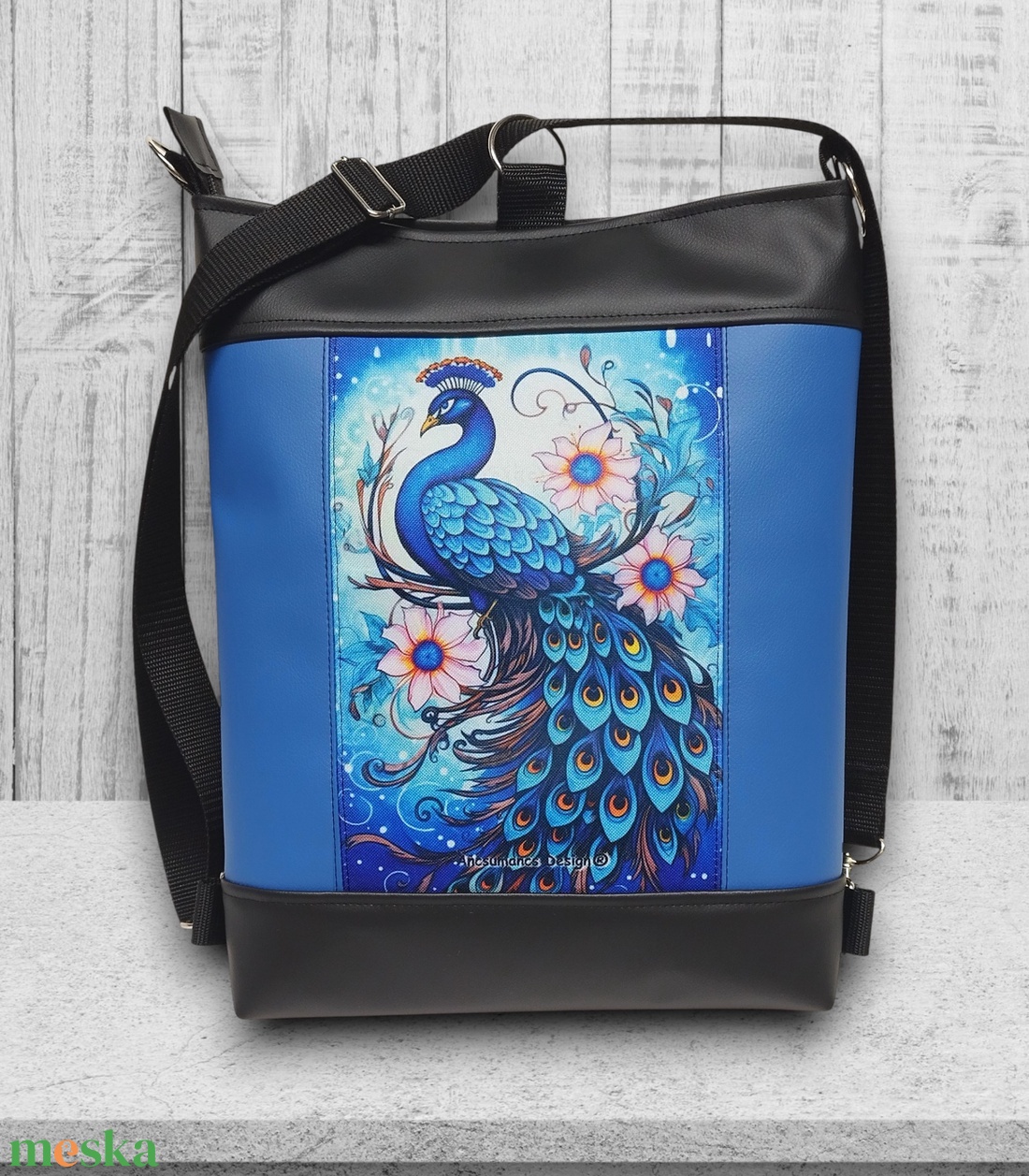 Színes páva paneles hátsó zsebes 3in1 textilbőr hátizsák oldaltáska fekete-kék - táska & tok - variálható táska - Meska.hu