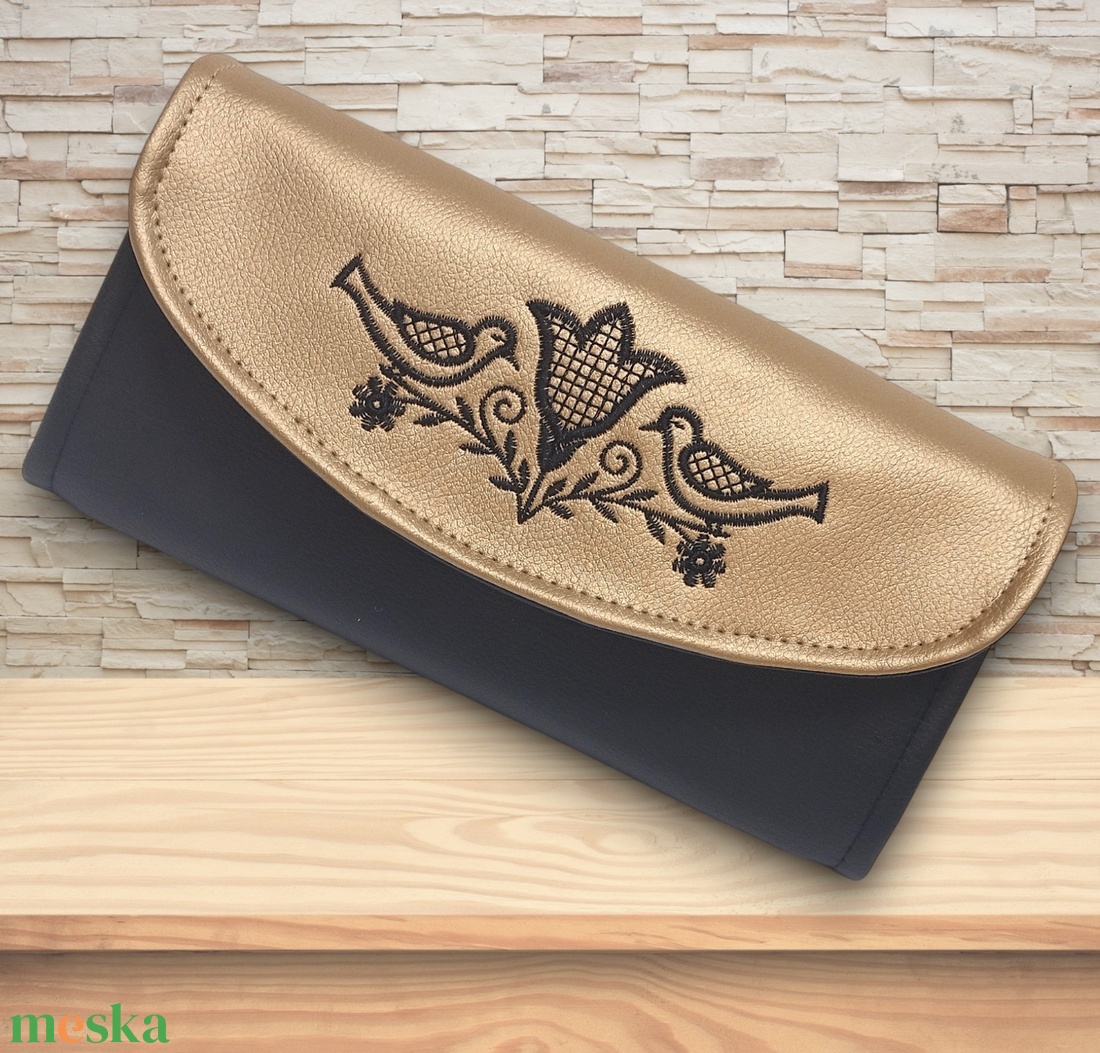 Irattartó nagy pénztárca hímzett Tulipános madárkás fekete-óarany - táska & tok - pénztárca & más tok - pénztárca - női pénztárca - Meska.hu