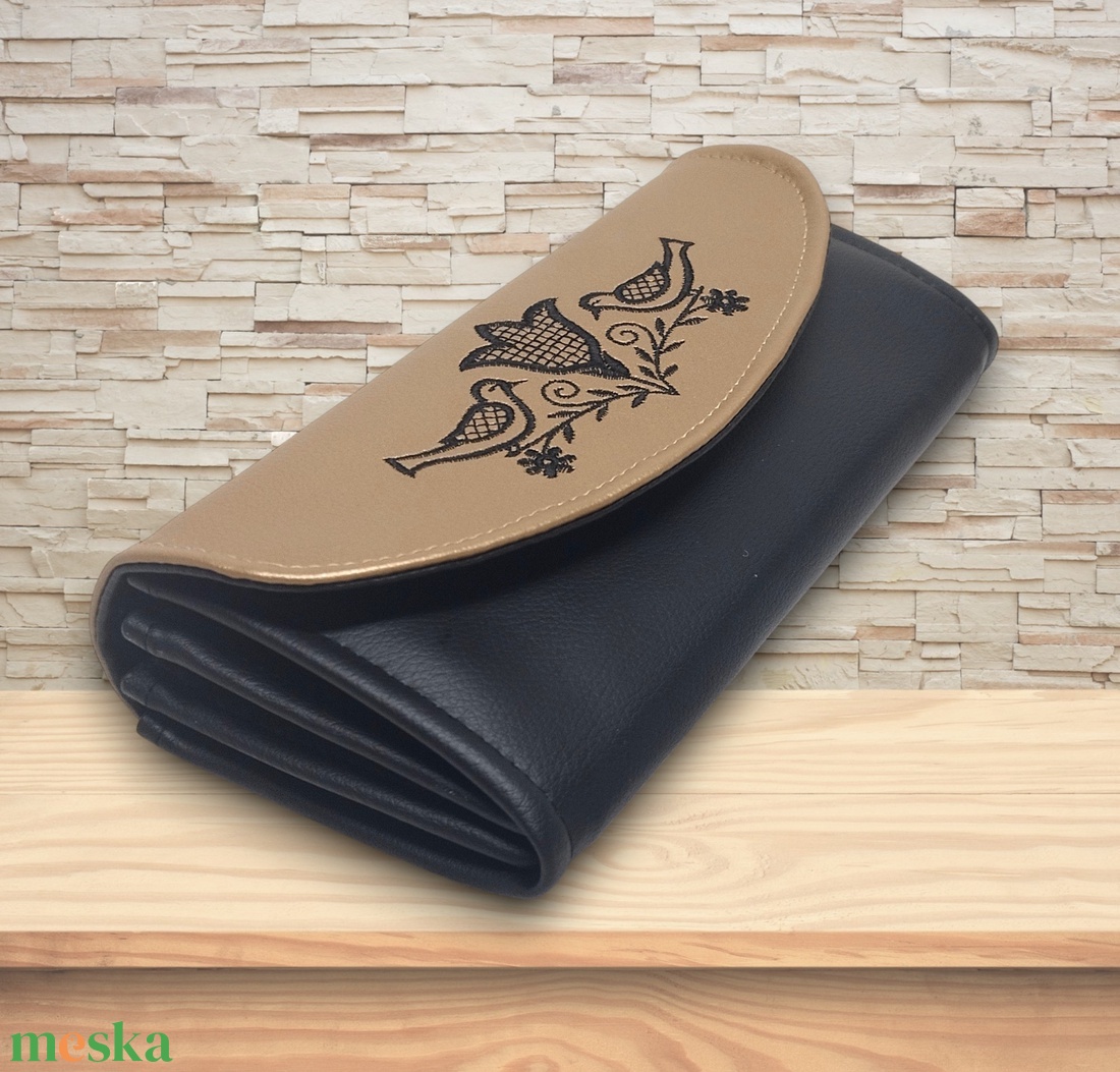 Irattartó nagy pénztárca hímzett Tulipános madárkás fekete-óarany - táska & tok - pénztárca & más tok - pénztárca - női pénztárca - Meska.hu