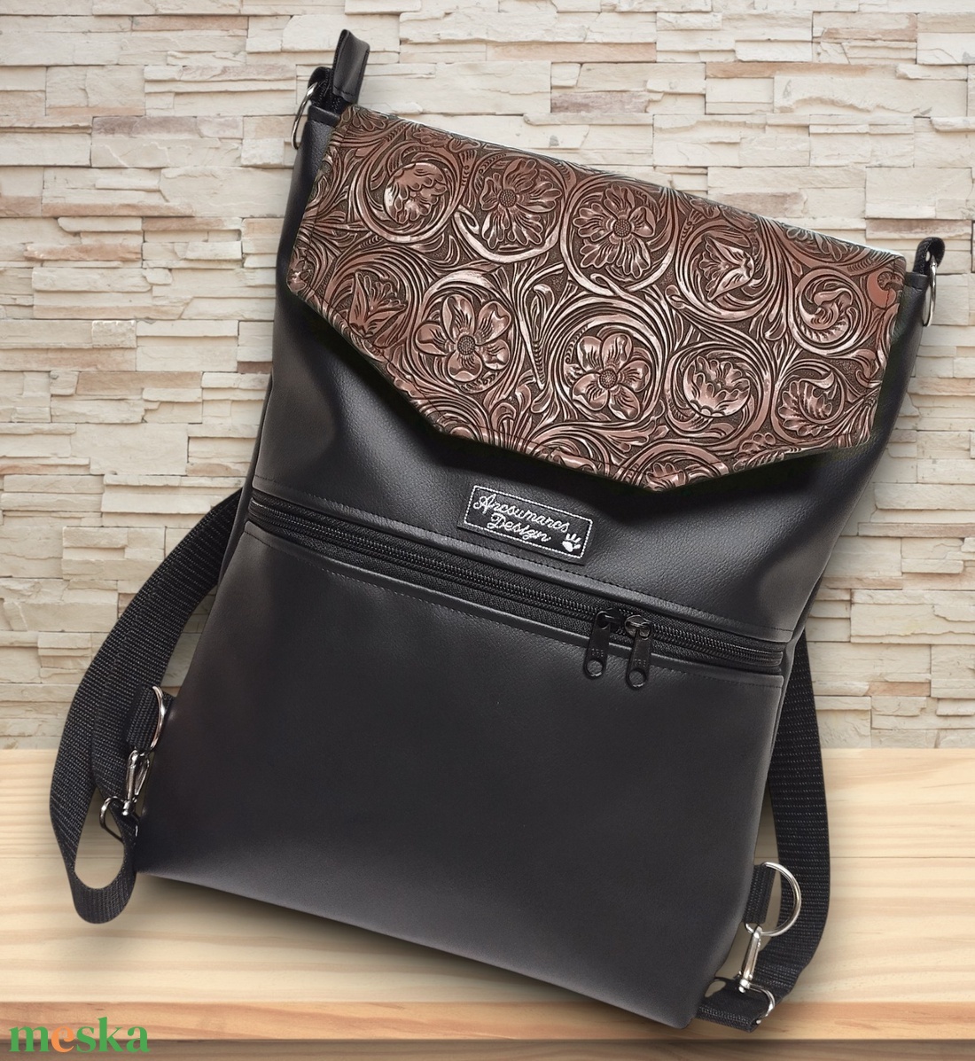 Elegáns 3D barna virágos fedélrészes 3in1 hátizsák univerzális táska - táska & tok - hátizsák - hátizsák - Meska.hu