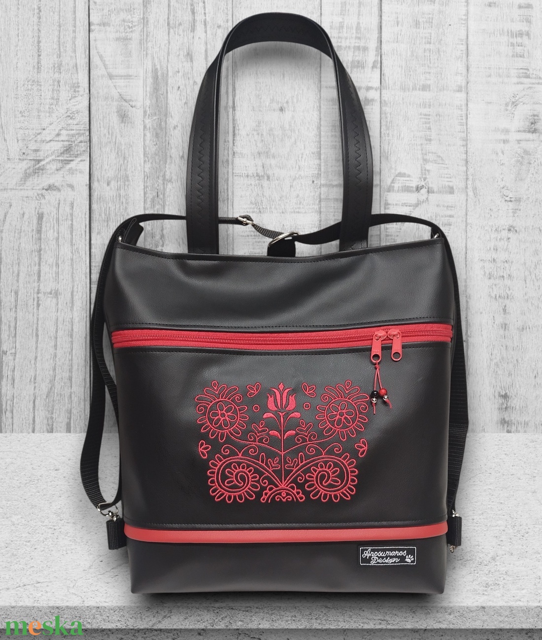 4in1 Nagy Csini Kalotaszegi Hímzett Univerzális Táska Hátizsák Fekete-piros - táska & tok - variálható táska - Meska.hu