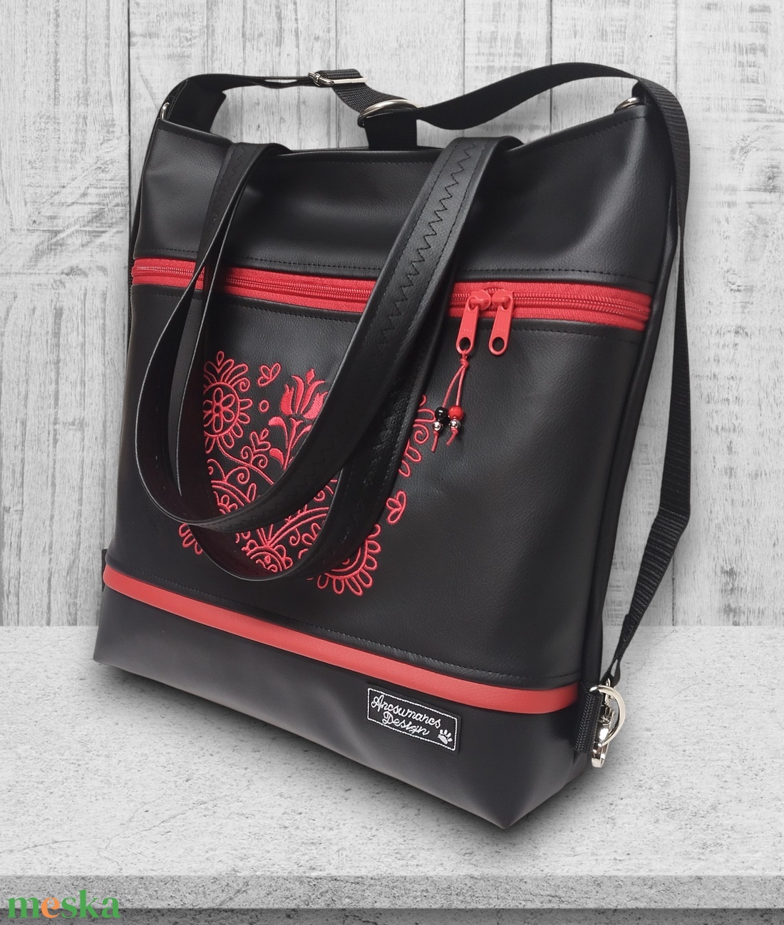 4in1 Nagy Csini Kalotaszegi Hímzett Univerzális Táska Hátizsák Fekete-piros - táska & tok - variálható táska - Meska.hu