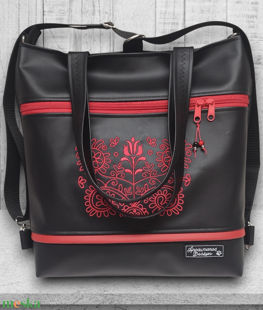 4in1 Nagy Csini Kalotaszegi Hímzett Univerzális Táska Hátizsák Fekete-piros - táska & tok - variálható táska - Meska.hu