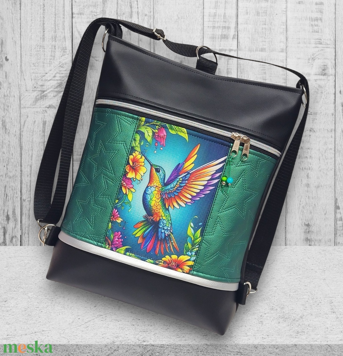 Kolibri madár 3in1 textilbőr hátizsák oldaltáska fekete-zöld - táska & tok - variálható táska - Meska.hu