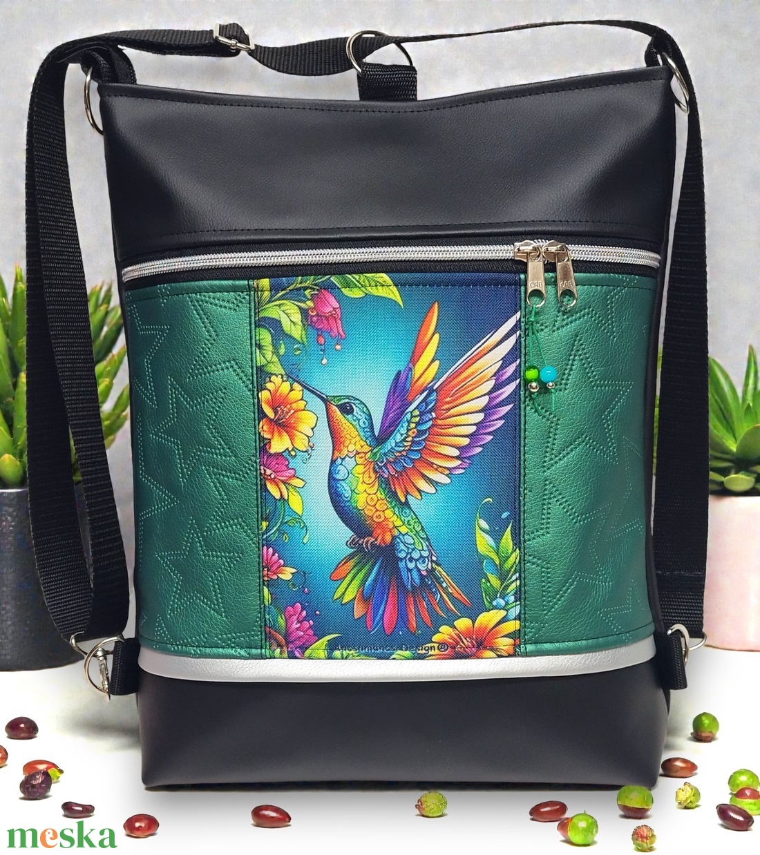 Kolibri madár 3in1 textilbőr hátizsák oldaltáska fekete-zöld - táska & tok - variálható táska - Meska.hu