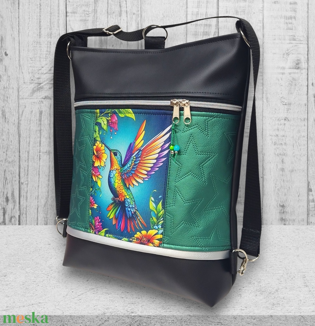 Kolibri madár 3in1 textilbőr hátizsák oldaltáska fekete-zöld - táska & tok - variálható táska - Meska.hu