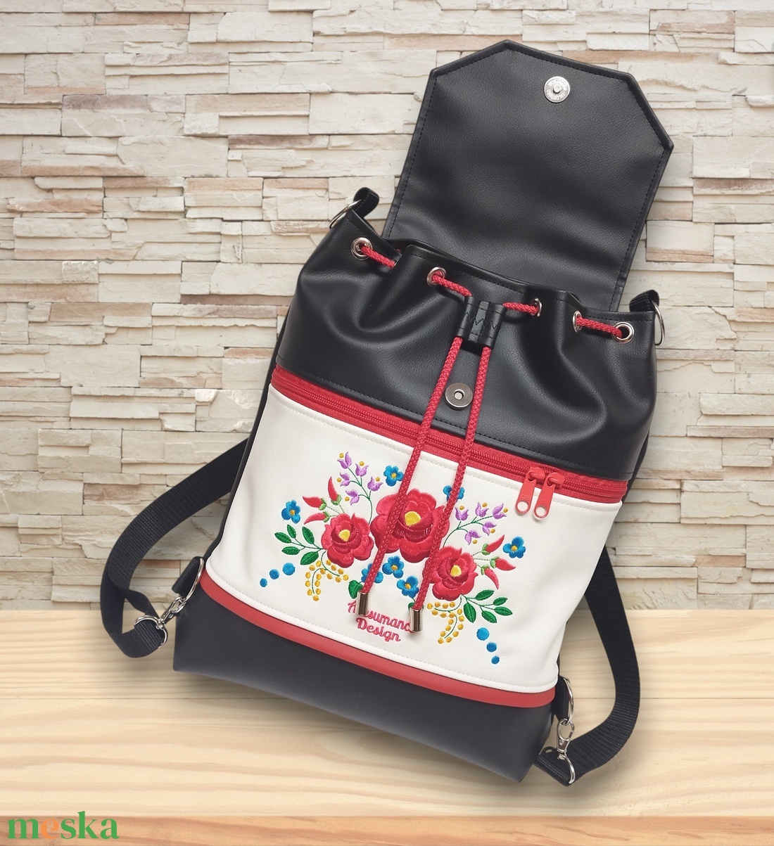 Fedélrészes zsinóros 3in1 hátizsák univerzális táska - Hímzett Hungarian Folkart08 - táska & tok - hátizsák - hátizsák - Meska.hu