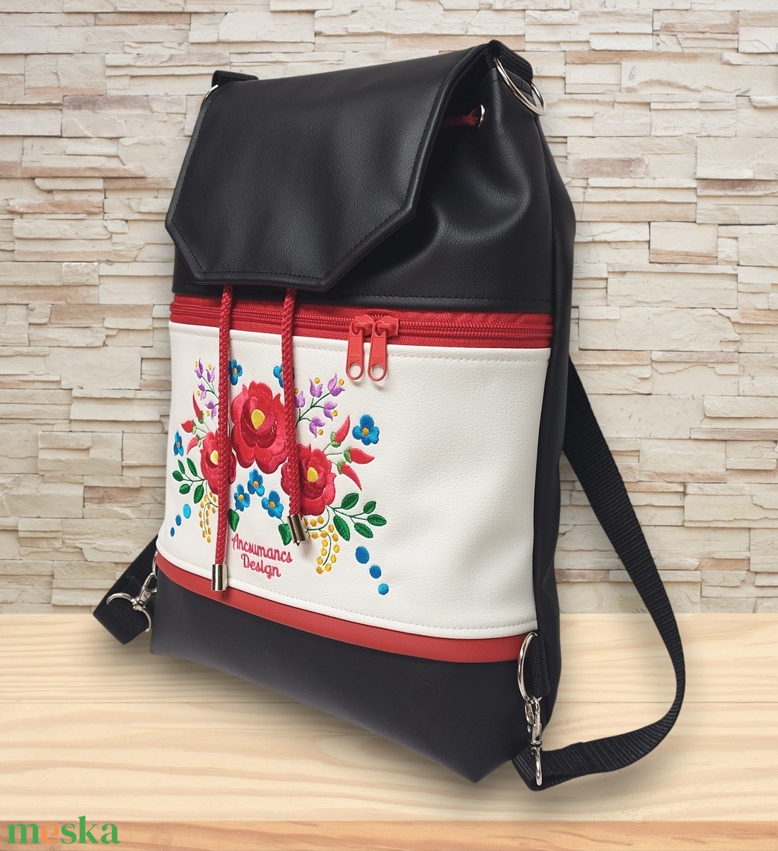 Fedélrészes zsinóros 3in1 hátizsák univerzális táska - Hímzett Hungarian Folkart08 - táska & tok - hátizsák - hátizsák - Meska.hu