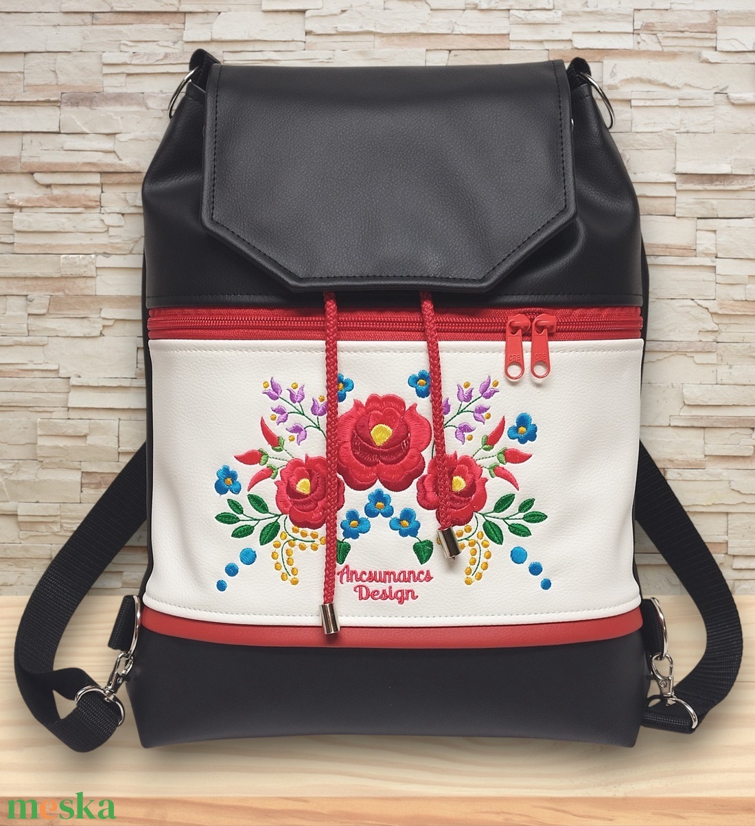 Fedélrészes zsinóros 3in1 hátizsák univerzális táska - Hímzett Hungarian Folkart08 - táska & tok - hátizsák - hátizsák - Meska.hu