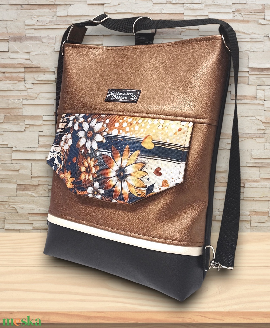 Fantasy virágok EMILI 3 funkciós hátizsák oldaltáska Fekete-bronz barna - táska & tok - hátizsák - hátizsák - Meska.hu