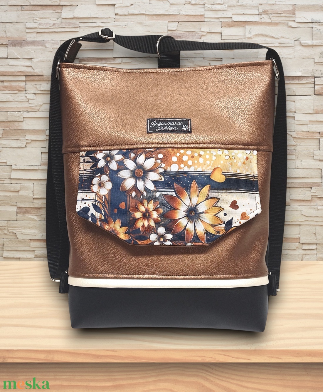 Fantasy virágok EMILI 3 funkciós hátizsák oldaltáska Fekete-bronz barna - táska & tok - hátizsák - hátizsák - Meska.hu