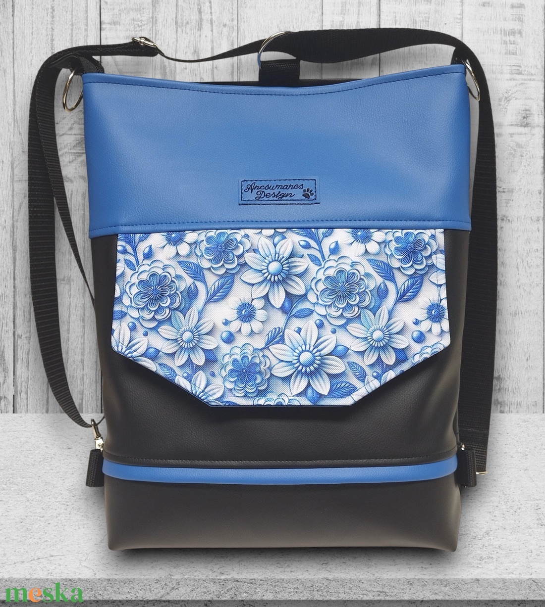 Kék virágok EMILI 3 funkciós hátizsák oldaltáska Fekete-kék - táska & tok - hátizsák - hátizsák - Meska.hu