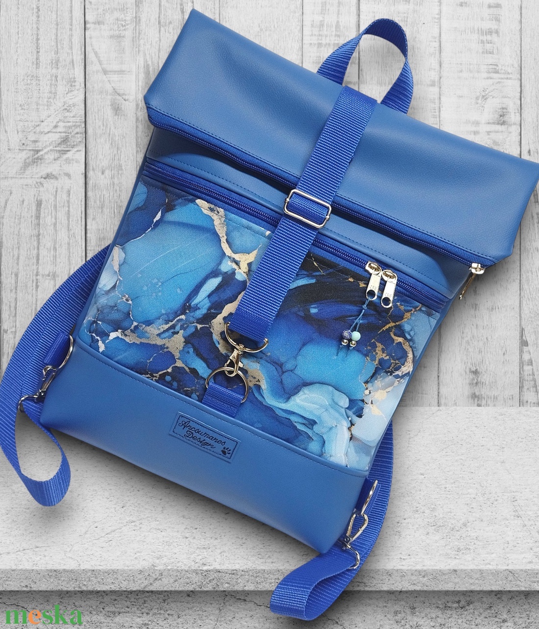 Márványmintás kék Roll Up Maxi dupla pántos hátizsák sok zsebbel - táska & tok - hátizsák - roll top hátizsák - Meska.hu