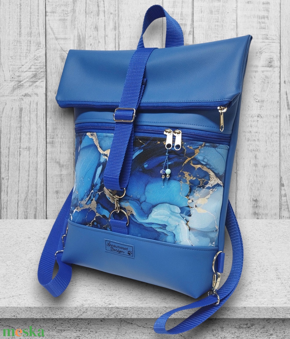 Márványmintás kék Roll Up Maxi dupla pántos hátizsák sok zsebbel - táska & tok - hátizsák - roll top hátizsák - Meska.hu