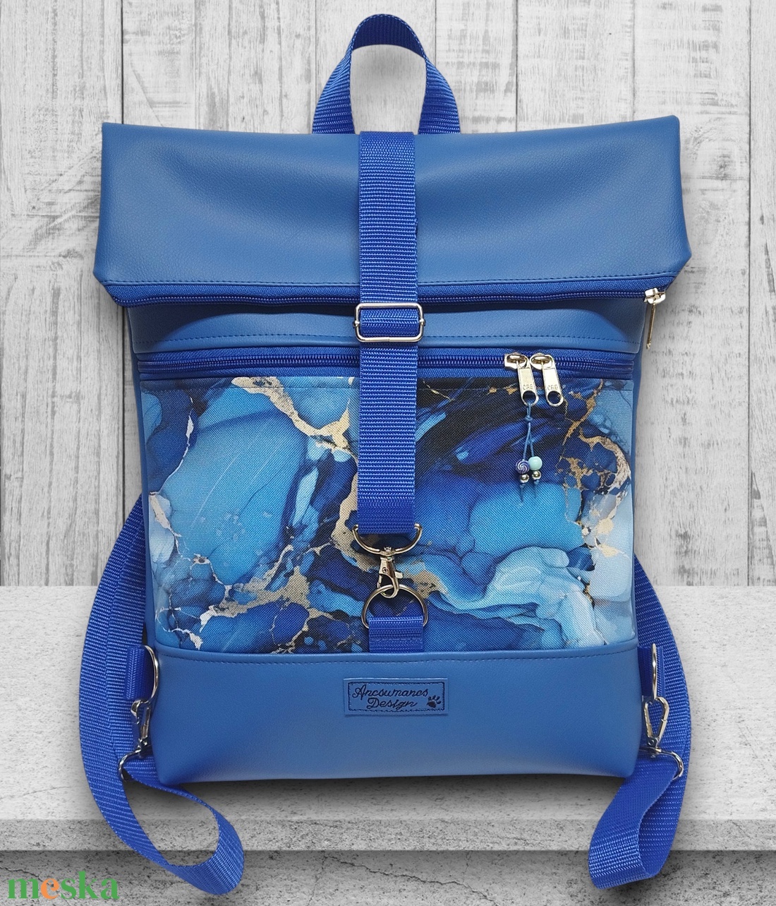 Márványmintás kék Roll Up Maxi dupla pántos hátizsák sok zsebbel - táska & tok - hátizsák - roll top hátizsák - Meska.hu