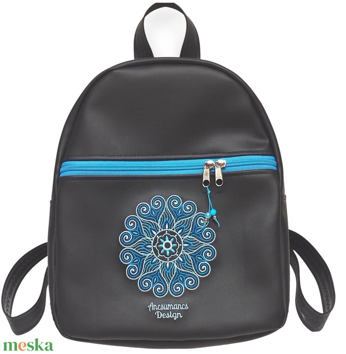 DORINA-L hátizsák - Hímzett mandalás, fekete-türkizkék, textilbőr pántokkal (mandala002) - táska & tok - hátizsák - hátizsák - Meska.hu