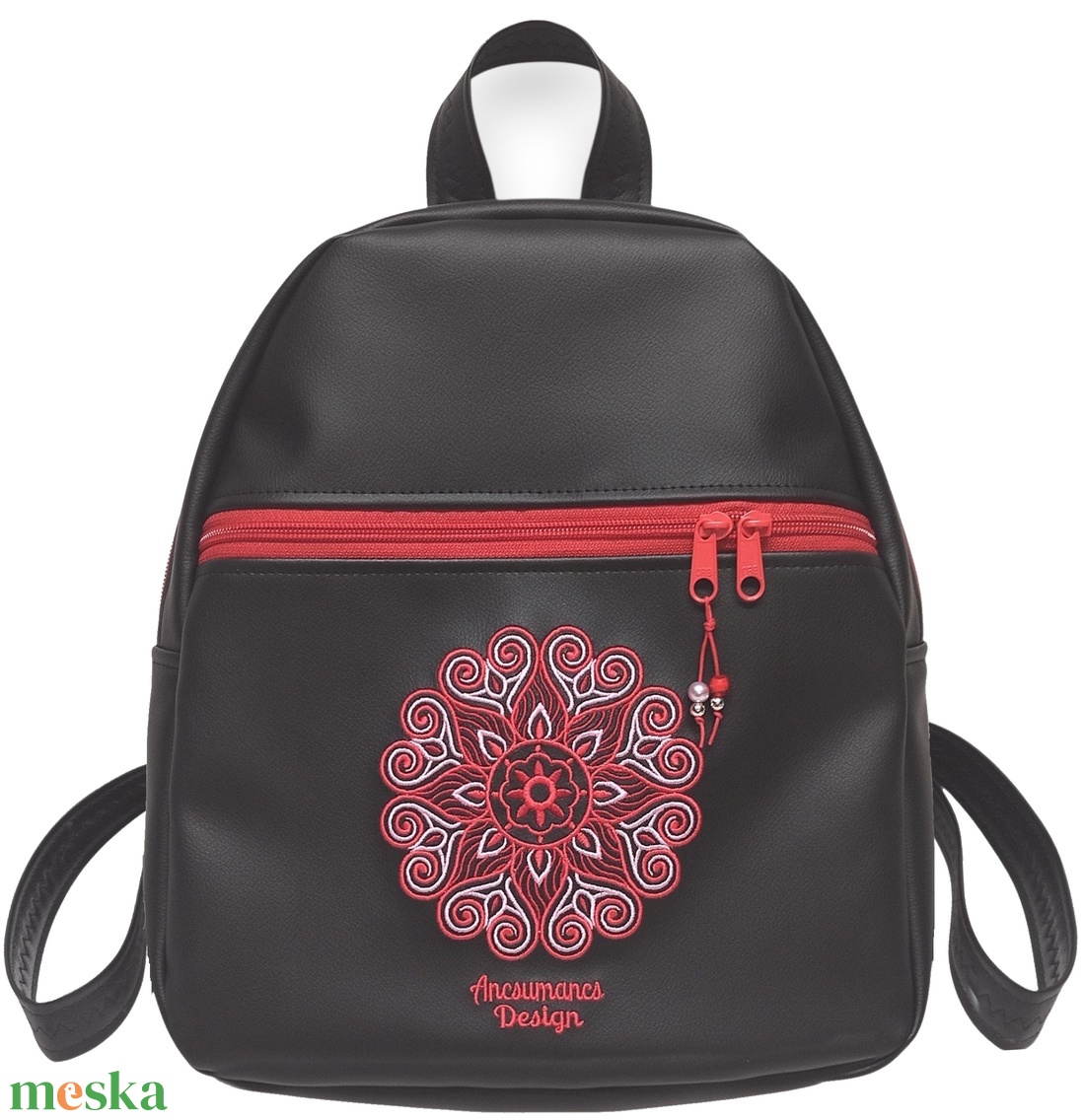 DORINA-L hátizsák - Hímzett mandalás, fekete-piros, textilbőr pántokkal (mandala002) - táska & tok - hátizsák - hátizsák - Meska.hu