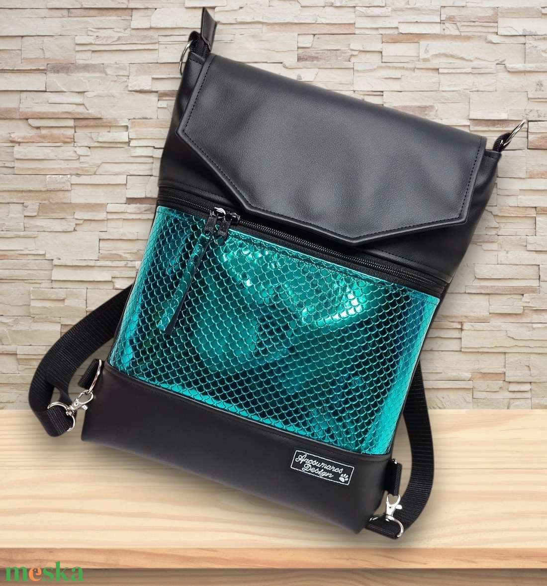 Metál zöld sellőmintás fedélrészes 3in1 hátizsák univerzális táska - táska & tok - hátizsák - hátizsák - Meska.hu