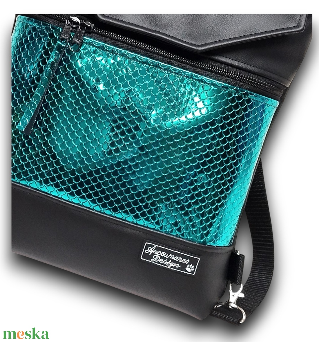 Metál zöld sellőmintás fedélrészes 3in1 hátizsák univerzális táska - táska & tok - hátizsák - hátizsák - Meska.hu