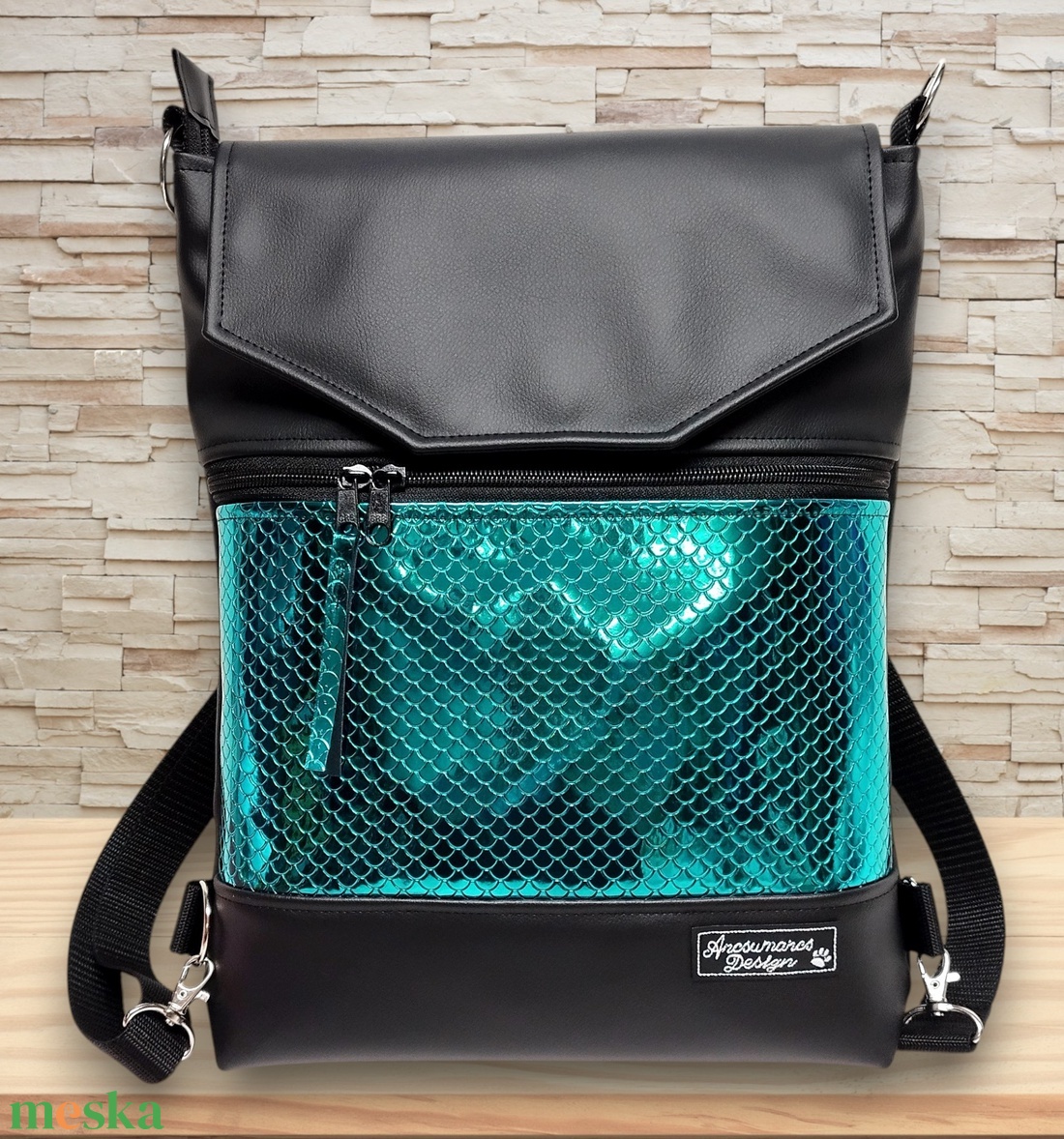 Metál zöld sellőmintás fedélrészes 3in1 hátizsák univerzális táska - táska & tok - hátizsák - hátizsák - Meska.hu