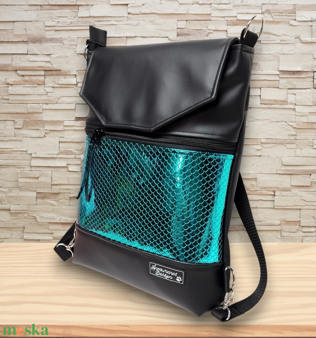 Metál zöld sellőmintás fedélrészes 3in1 hátizsák univerzális táska - táska & tok - hátizsák - hátizsák - Meska.hu