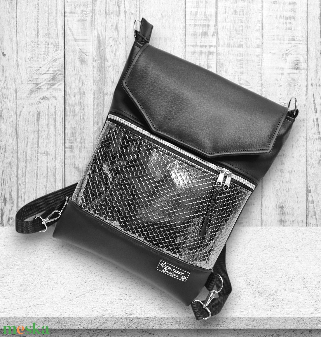 Metál platina sellőmintás fedélrészes 3in1 hátizsák univerzális táska - táska & tok - hátizsák - hátizsák - Meska.hu