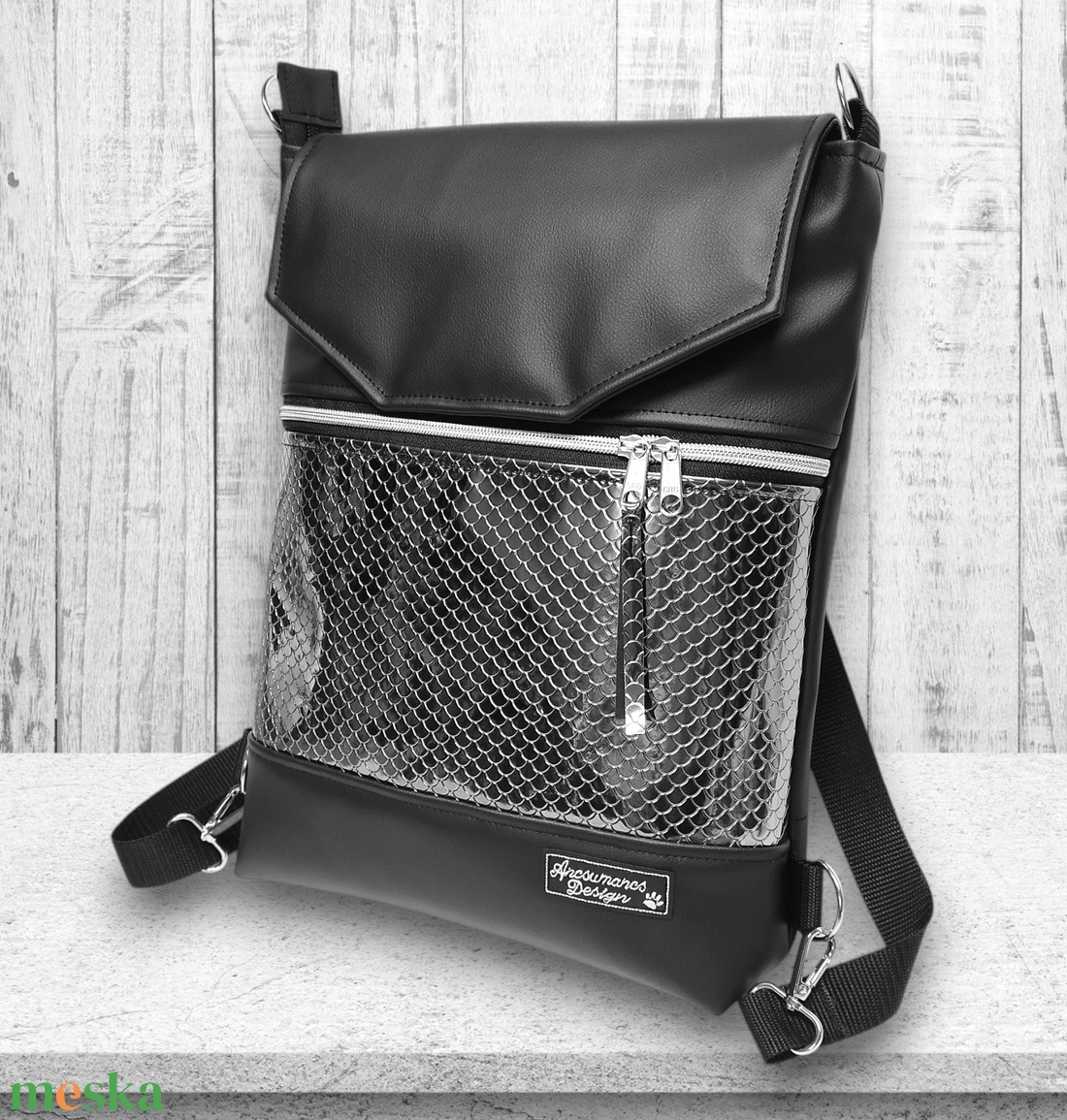 Metál platina sellőmintás fedélrészes 3in1 hátizsák univerzális táska - táska & tok - hátizsák - hátizsák - Meska.hu